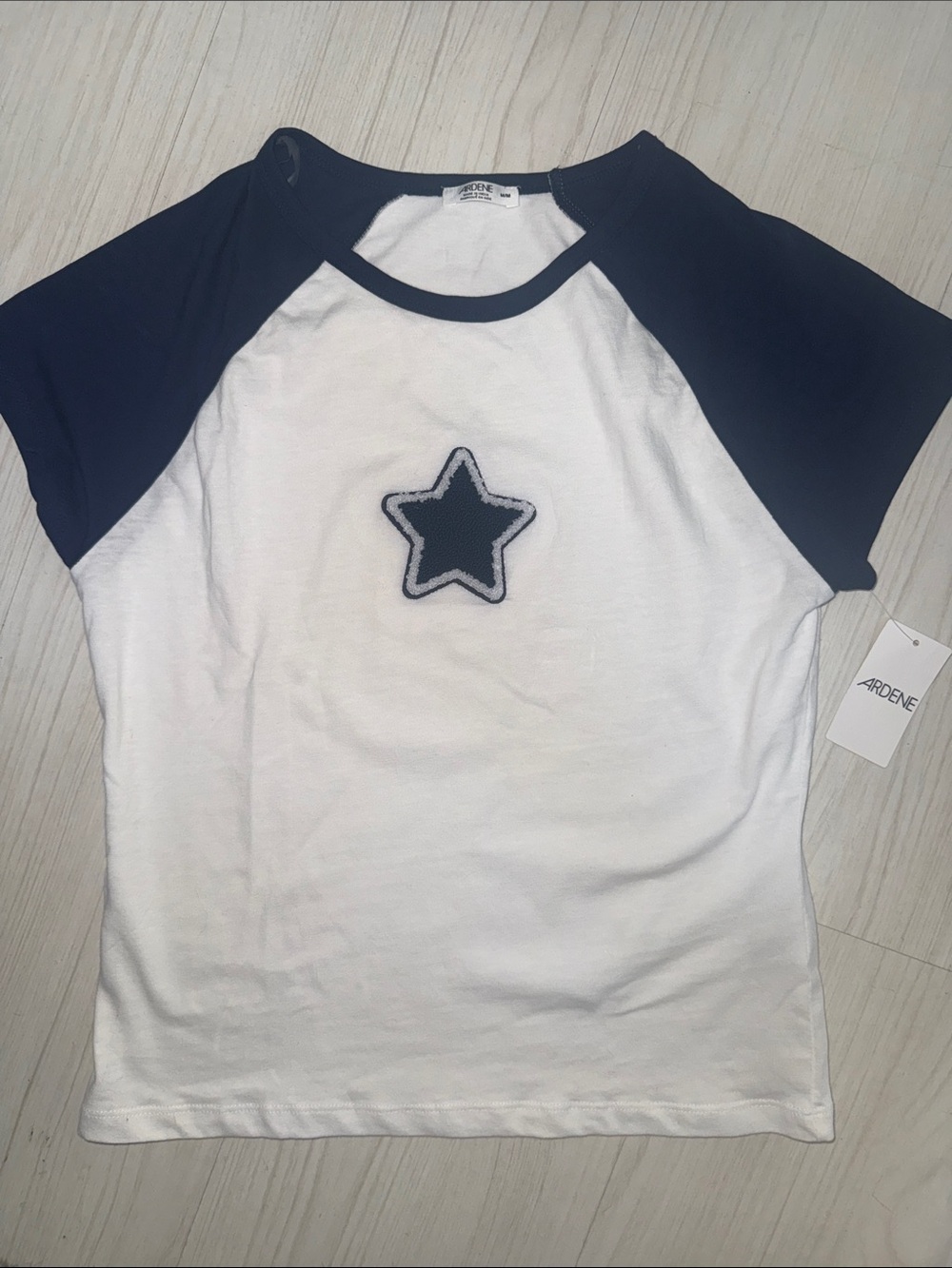 NWT Ardene White Tee with Black Raglan Sleeves & Star Patch
